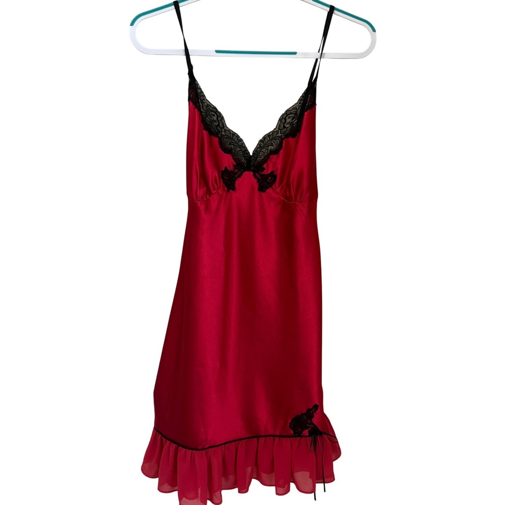 Delicates Size M Red Satin Flounce Slip Dress Black Lace Trim Accent Tie Back